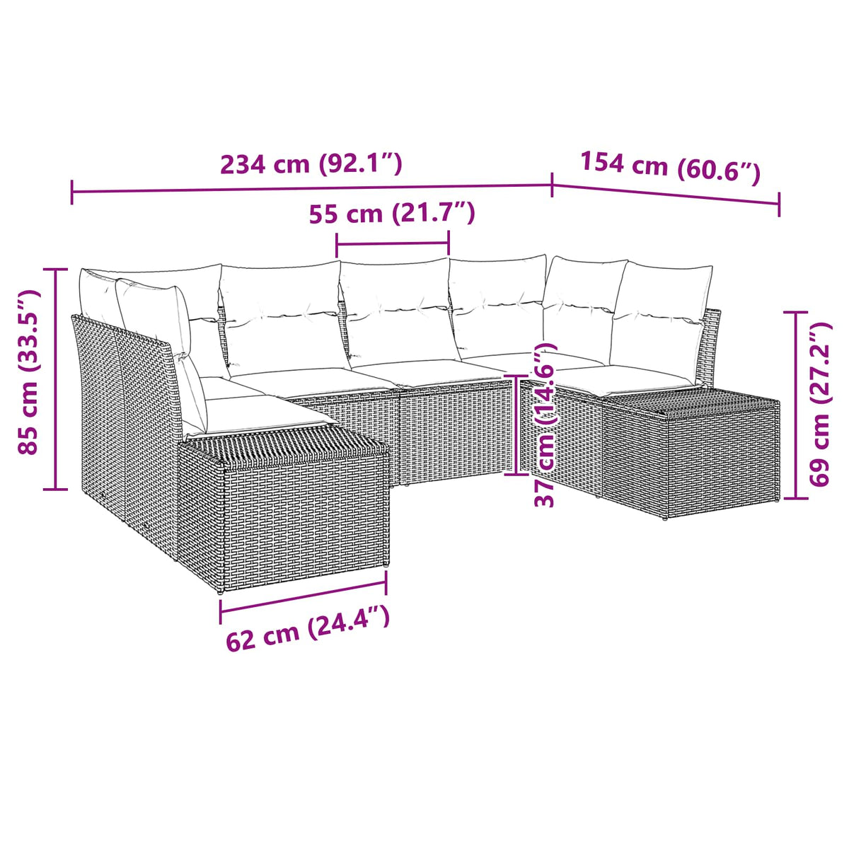 Sjedeća garnitura za vrt 6 kom. Crna poliratan 234 x 154 x 69 cm