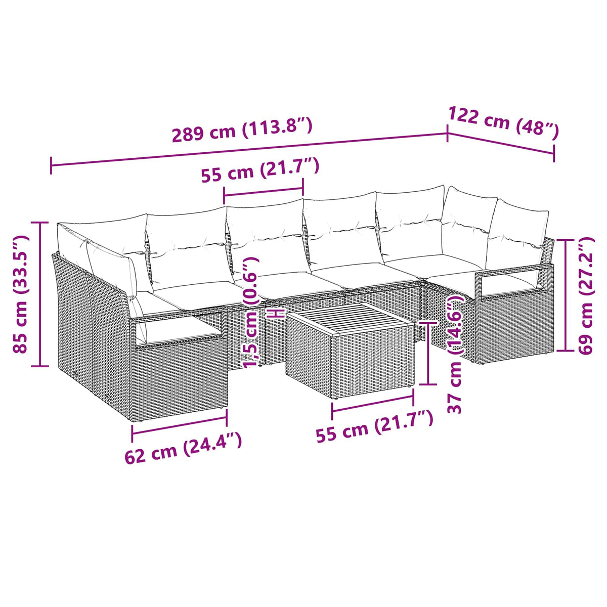 Sjedeća garnitura za vrt 8 kom. Siva poliratan