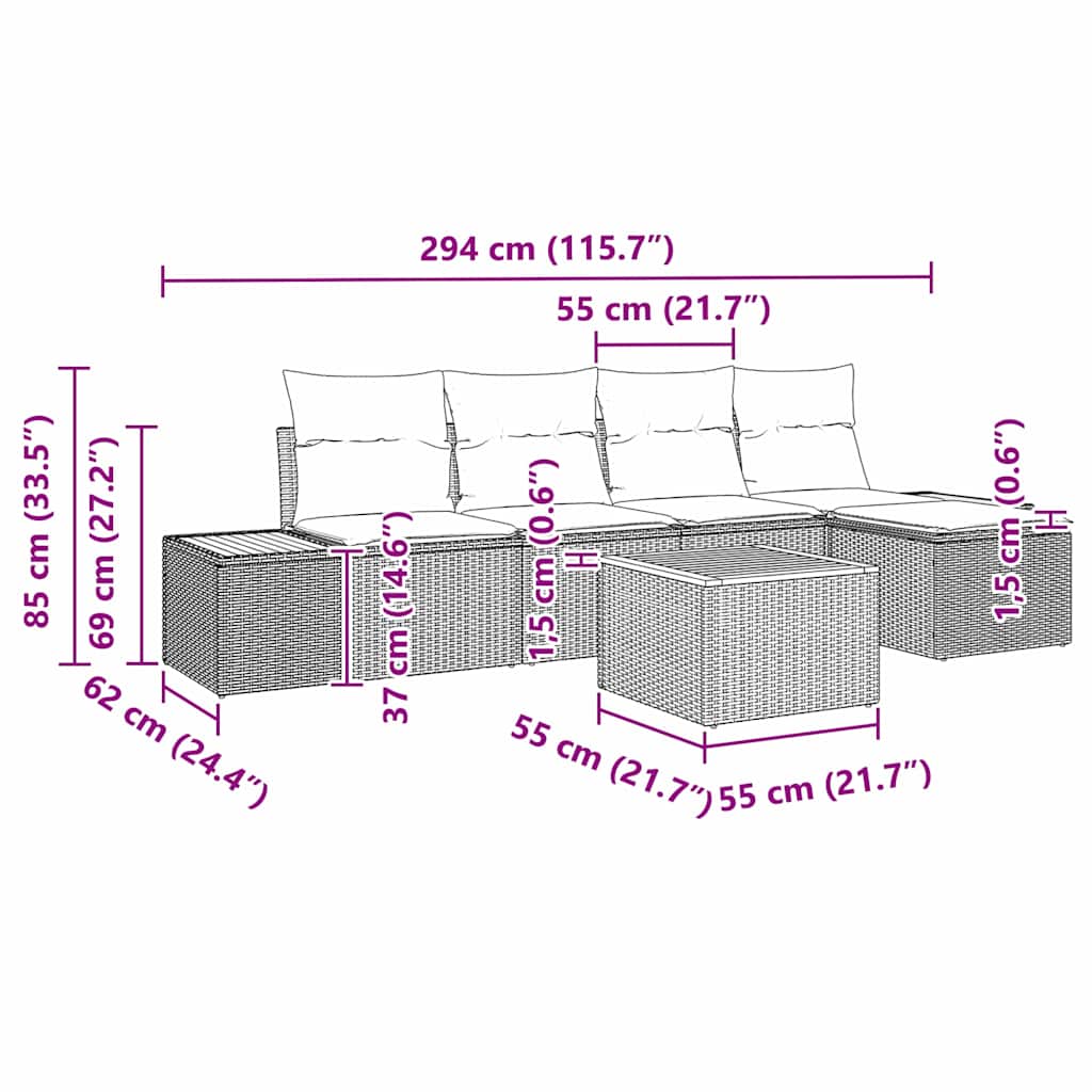Sjedeća garnitura za vrt s jastukom 6 pcs Crna Poli ratan