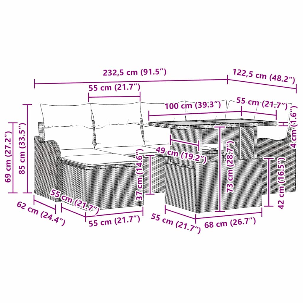 Sjedeća garnitura za vrt s jastukom 7 pcs Crna i krem
