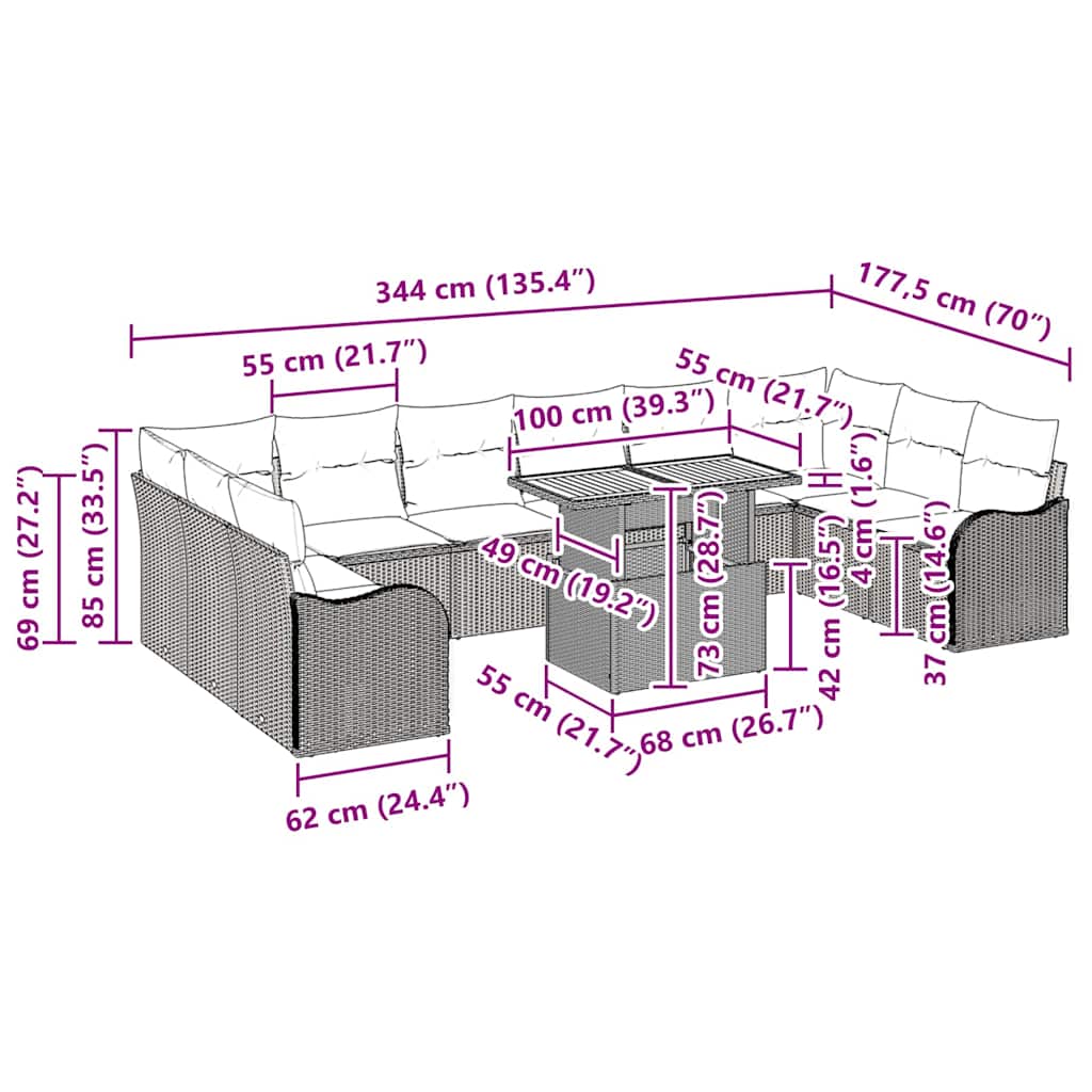 Sjedeća garnitura za vrt s jastukom 11 pcs bež i svjetlosiva