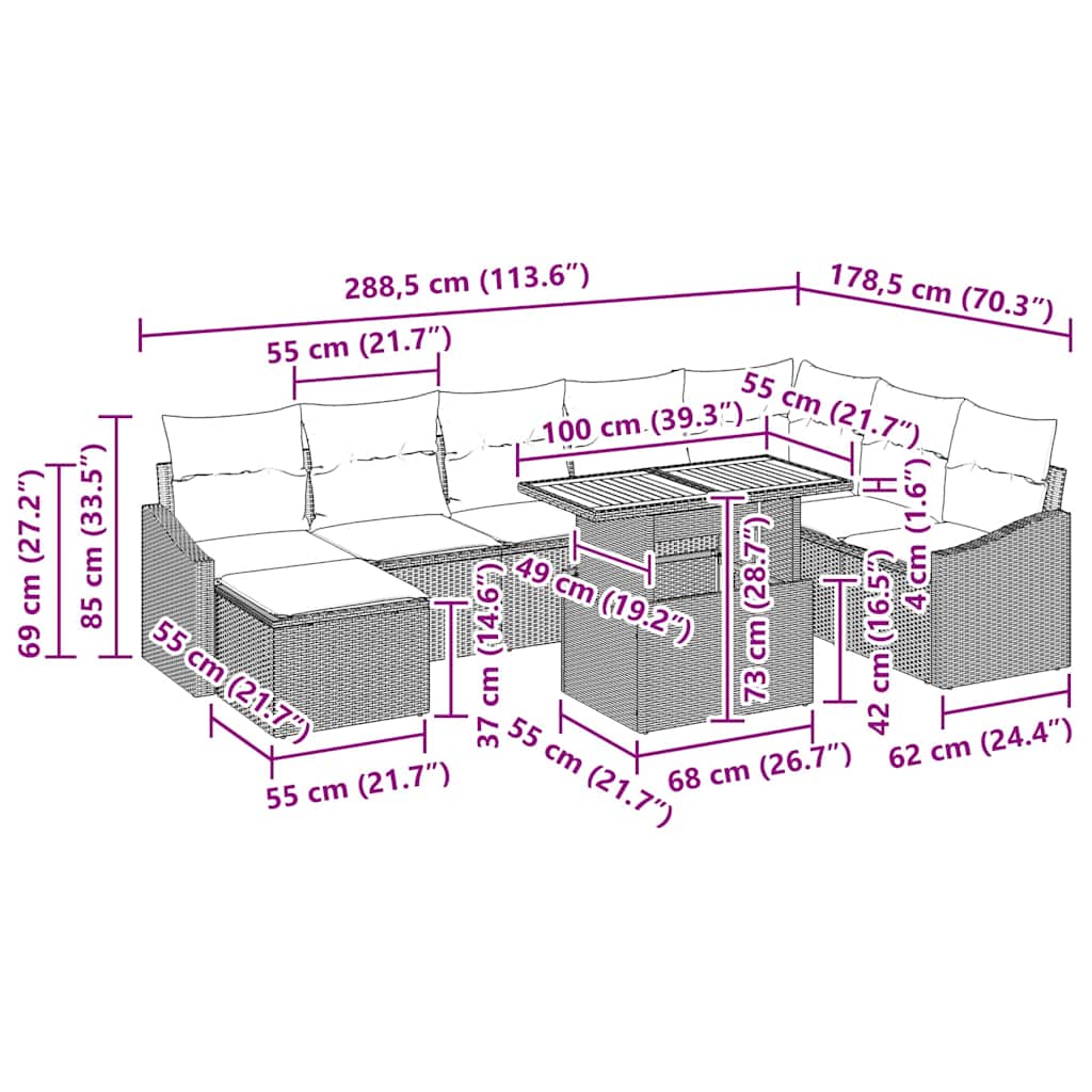 Vrtni set za objed s jastukom 9 pcs Siva i smeđa
