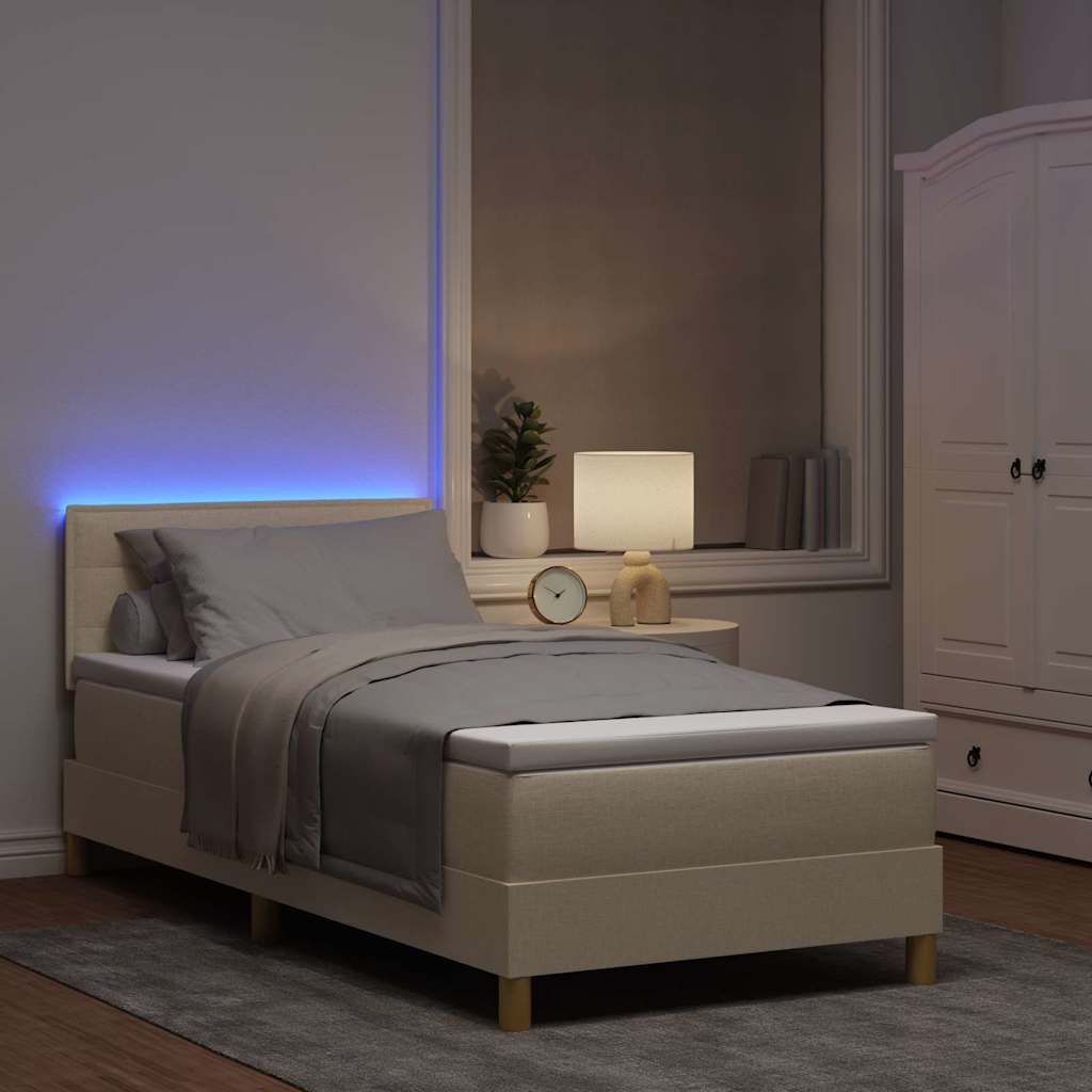 LED Box Spring Krevet s LED trakama Krema 90 x 190 cm tkanina