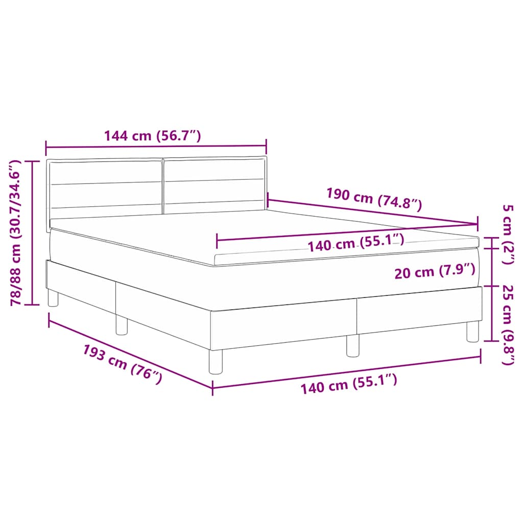 LED Box Spring Krevet Svijetlo siva 140 x 190 cm tkanina
