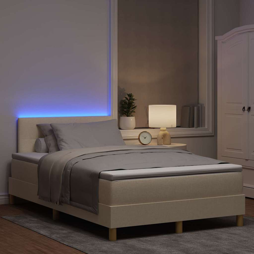 LED Box Spring Krevet s LED trakama Krema 120 x 200 cm tkanina