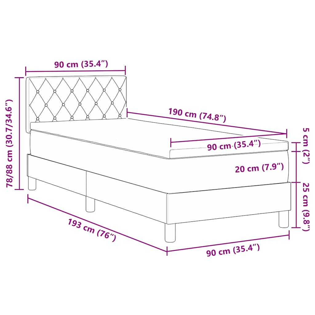 LED Box Spring Krevet s madracem Tamno siva 90 x 190 cm Baršun