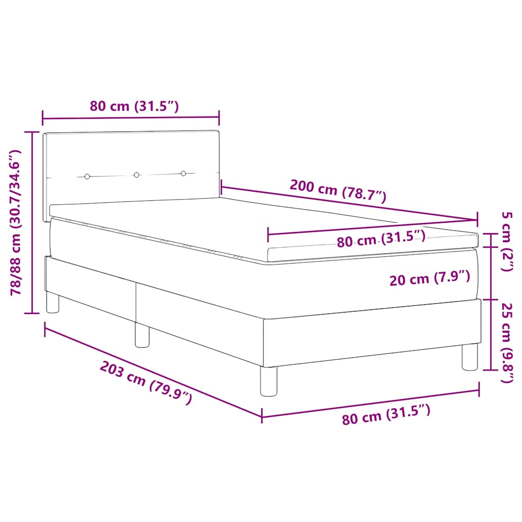 LED Box Spring Krevet s madracem Tamno siva 80 x 200 cm Baršun