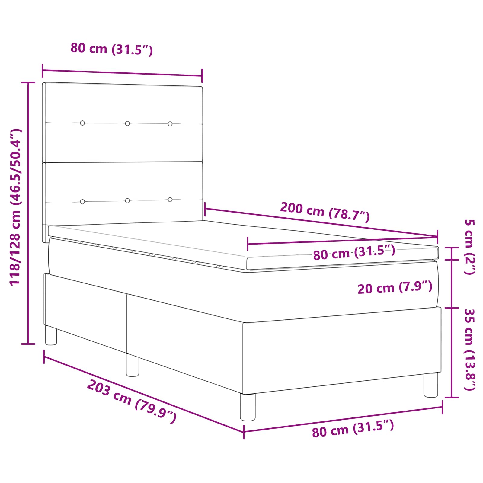 Krevet s opruga kutije s madracem Crna 80 x 200 cm tkanina