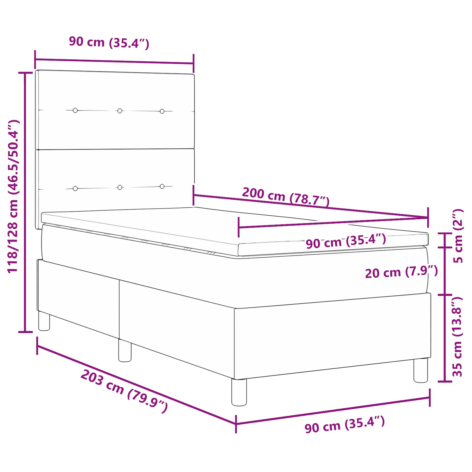 Krevet s opruga kutije s madracem Crna 90 x 200 cm tkanina