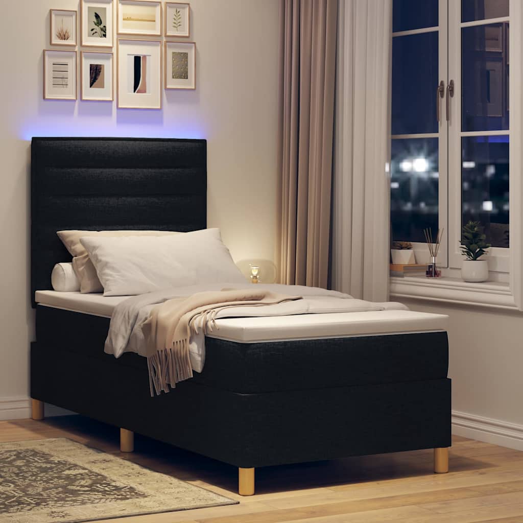 LED Box Spring Krevet s madracem Crna 90 x 190 cm tkanina