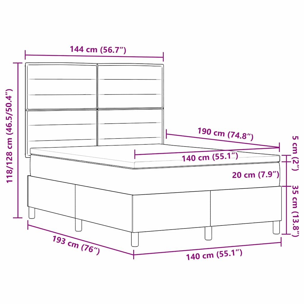 LED Box Spring Krevet s madracem Crna 140 x 190 cm tkanina