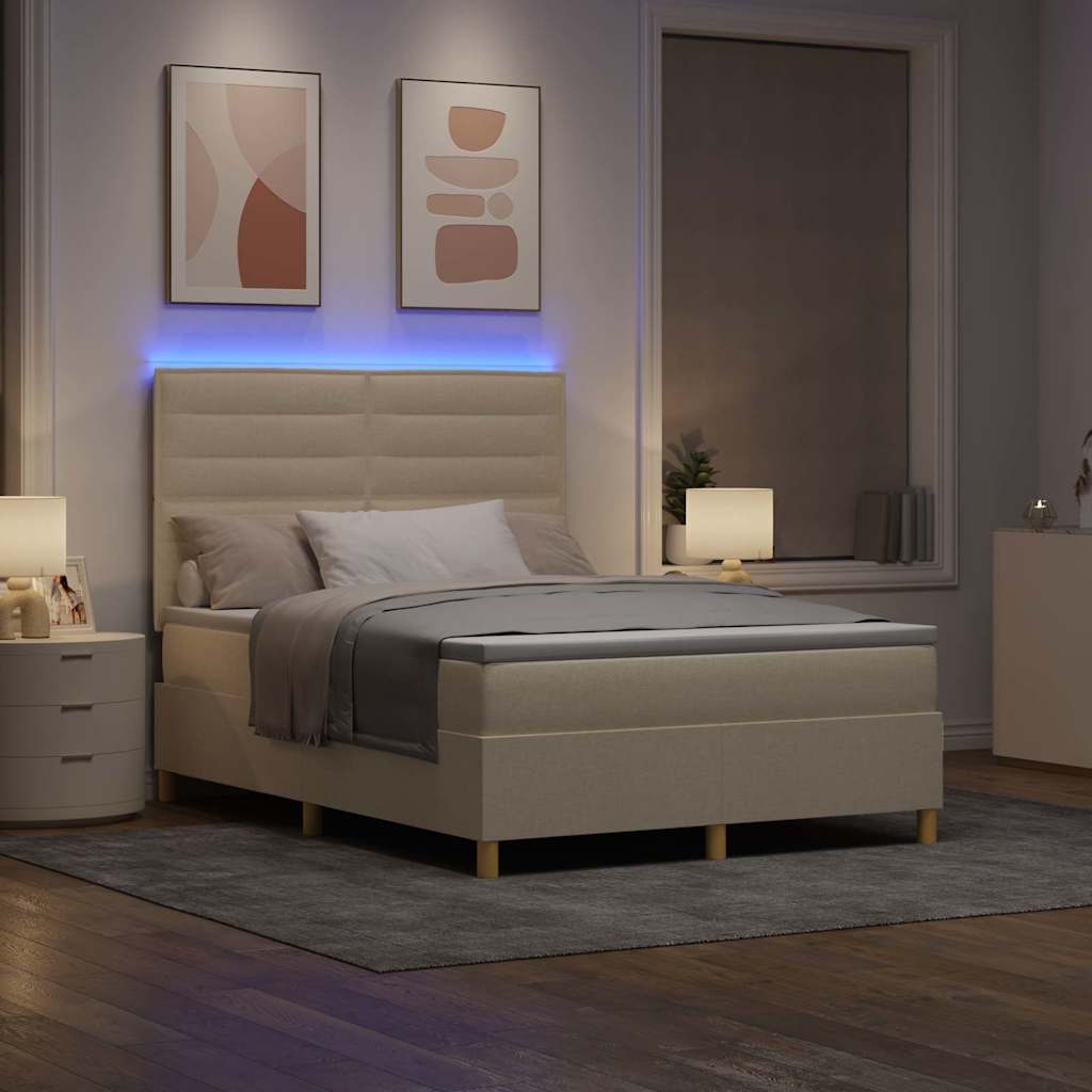 LED Box Spring Krevet s madracem Krema 140 x 190 cm tkanina