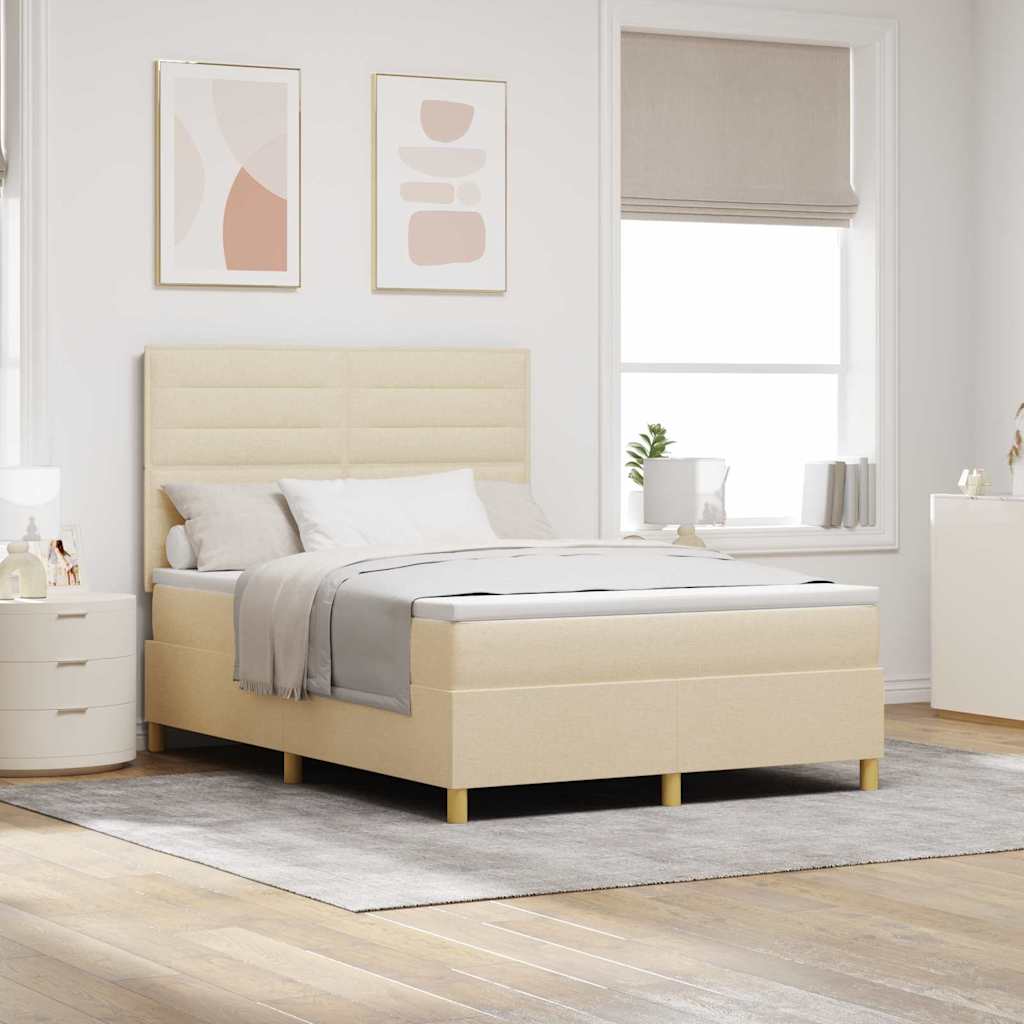 LED Box Spring Krevet s madracem Krema 140 x 190 cm tkanina