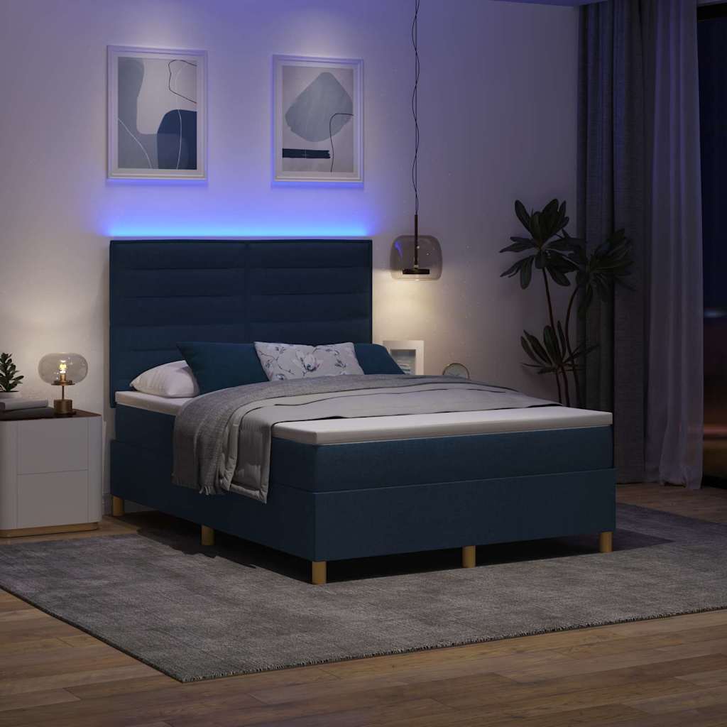 LED Box Spring Krevet s madracem Plava 140 x 190 cm tkanina