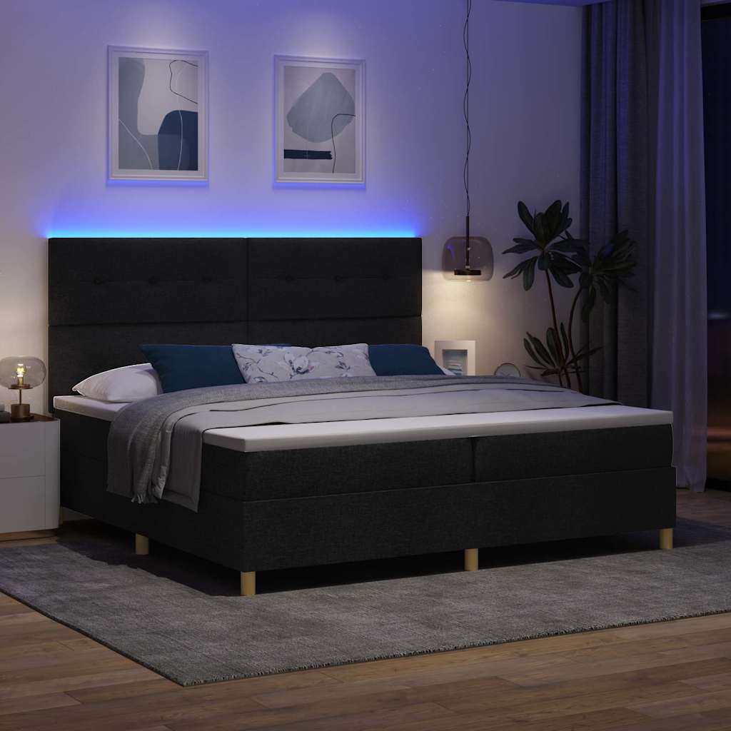 LED Box Spring Krevet s uzglavljem Crna 200 x 200 cm tkanina