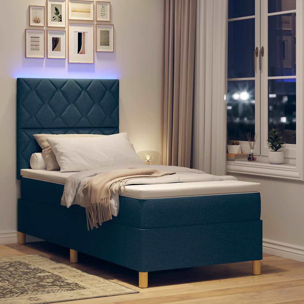 LED Box Spring Krevet s uzglavljem Plava 90 x 200 cm tkanina