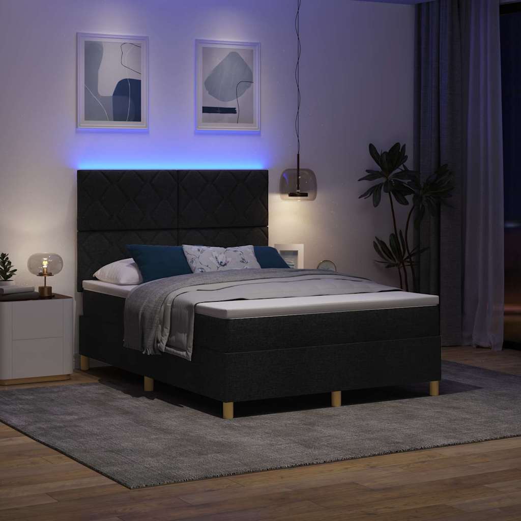 LED Box Spring Krevet s uzglavljem Crna 140 x 200 cm tkanina