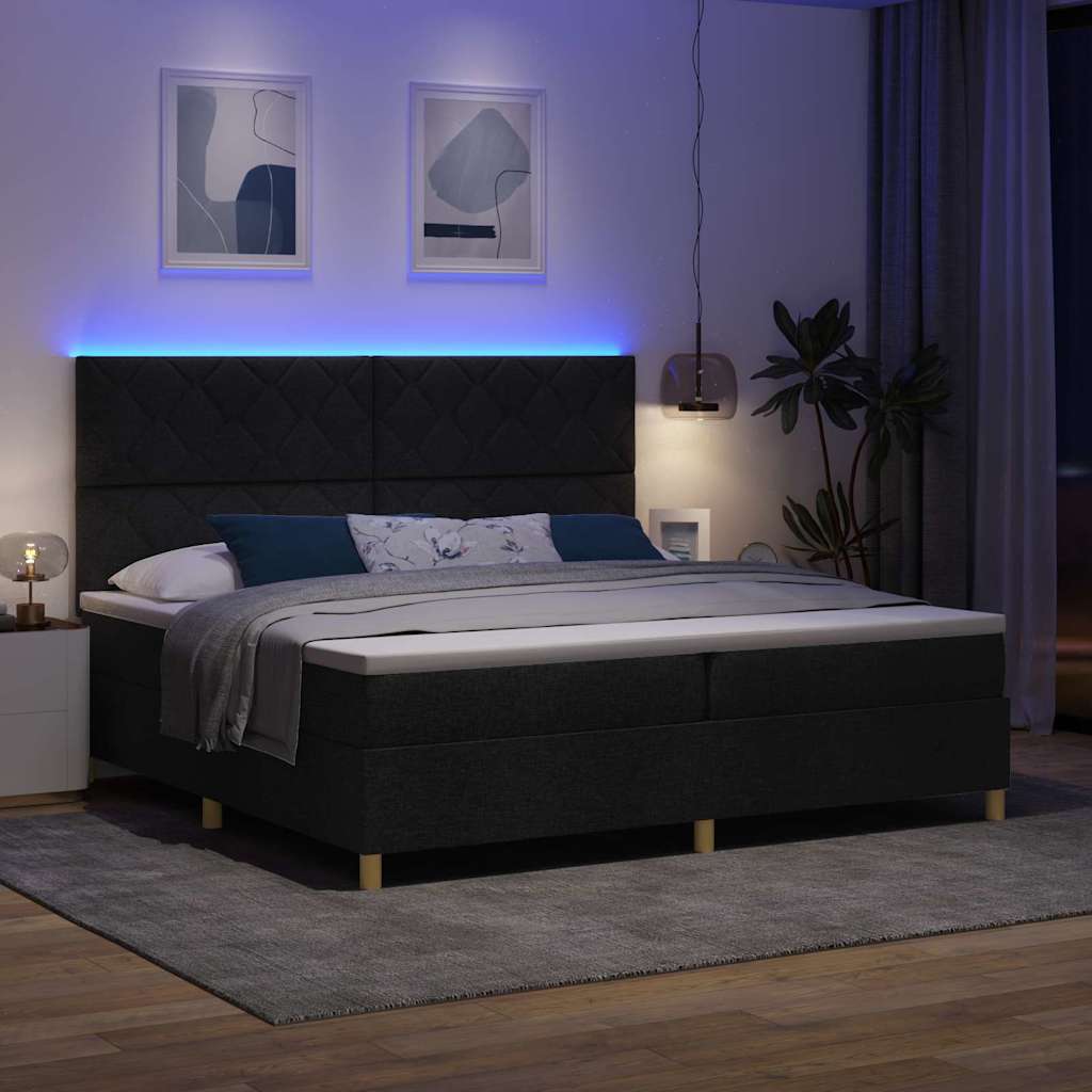 LED Box Spring Krevet s uzglavljem Crna 200 x 200 cm tkanina