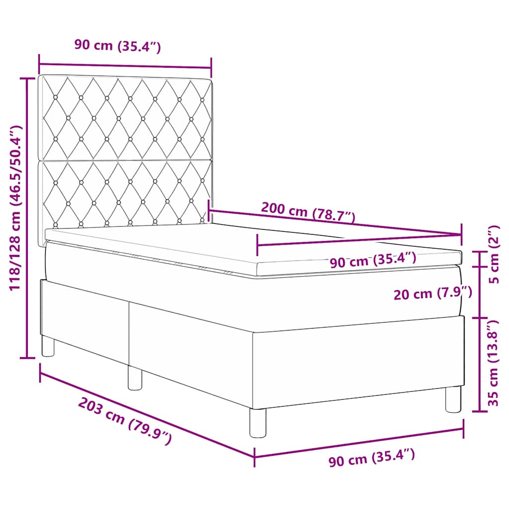 LED Box Spring Krevet s madracem Tamno siva 90 x 200 cm Baršun