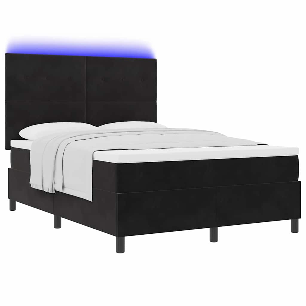 LED Box Spring Krevet s madracem Crna 140 x 190 cm Baršun