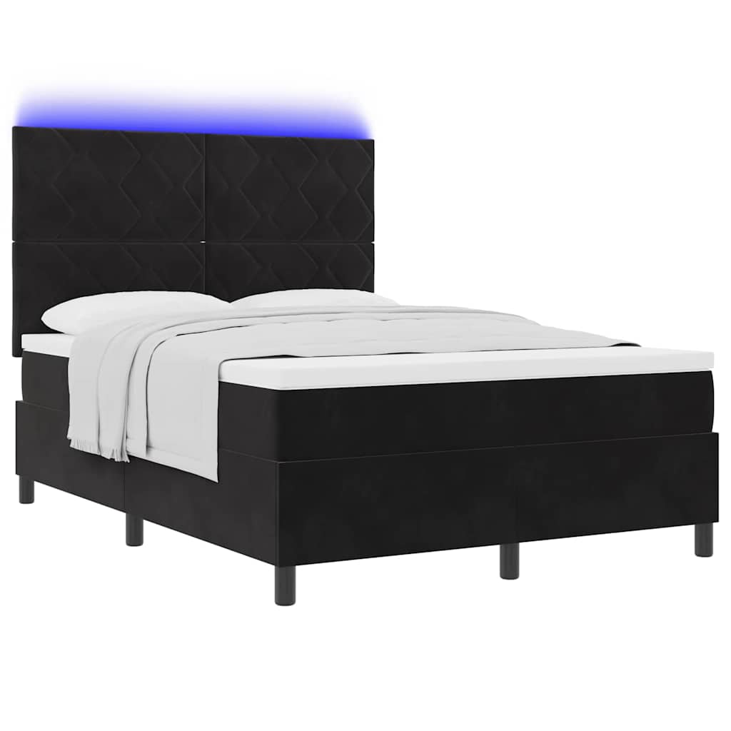 LED Box Spring Krevet s madracem Crna 140 x 190 cm Baršun