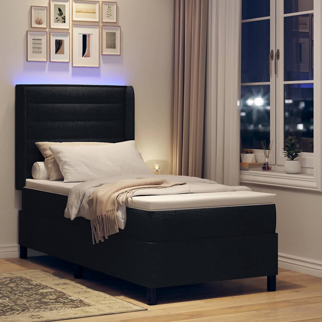 LED Box Spring Krevet s madracem Crna 90 x 190 cm tkanina