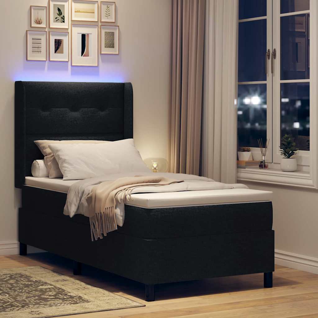 LED Box Spring Krevet s madracem Crna 90 x 190 cm tkanina