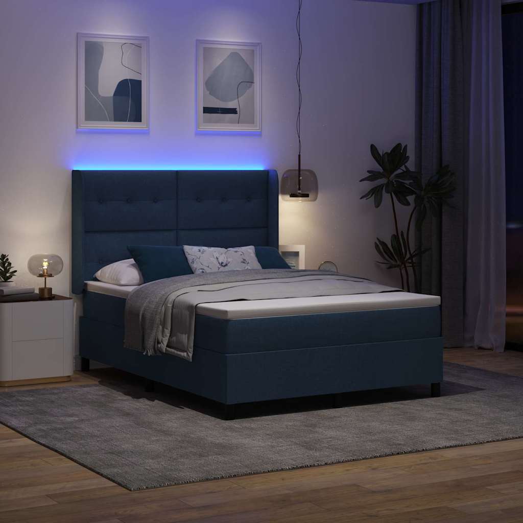 LED Box Spring Krevet s madracem Plava 140 x 200 cm tkanina