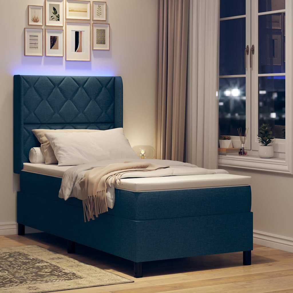 LED Box Spring Krevet s uzglavljem Plava 90 x 200 cm tkanina
