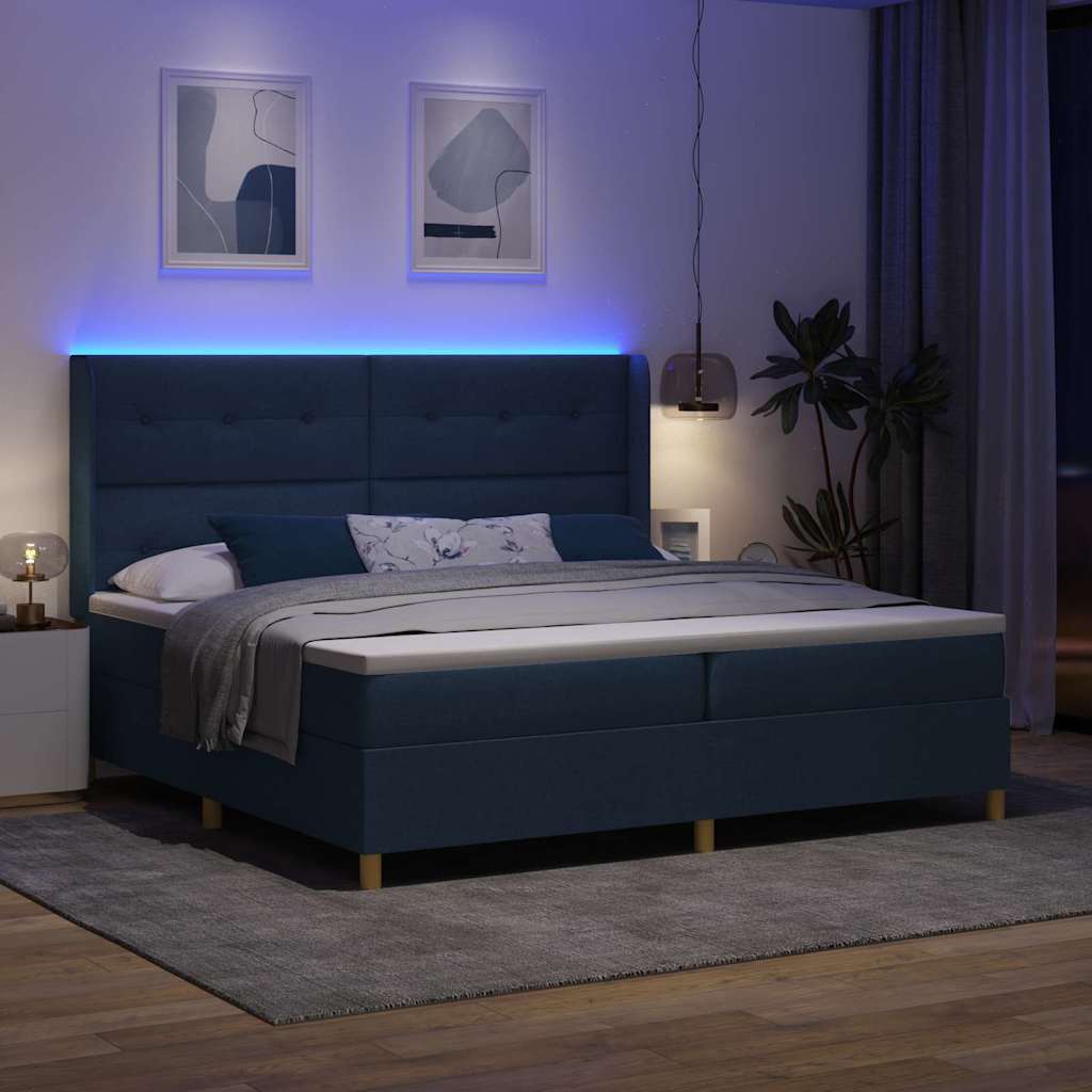 Krevet s opruga kutije s LED trakama Plava 200 x 200 cm tkanina