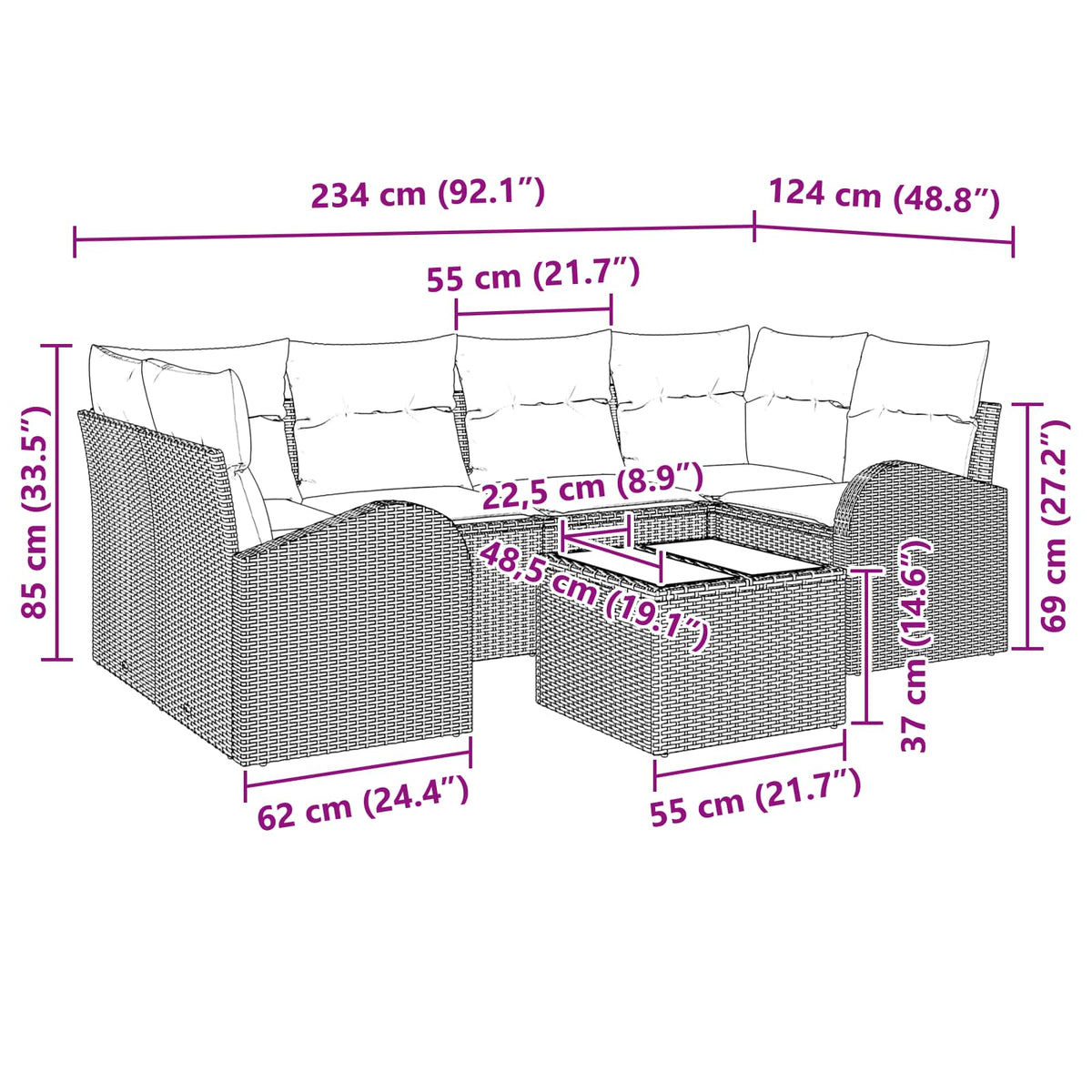 Sjedeća garnitura za vrt 7 kom. 6-Broj sjedala Crna i Tirkizna 234 x 124 x 69 cm