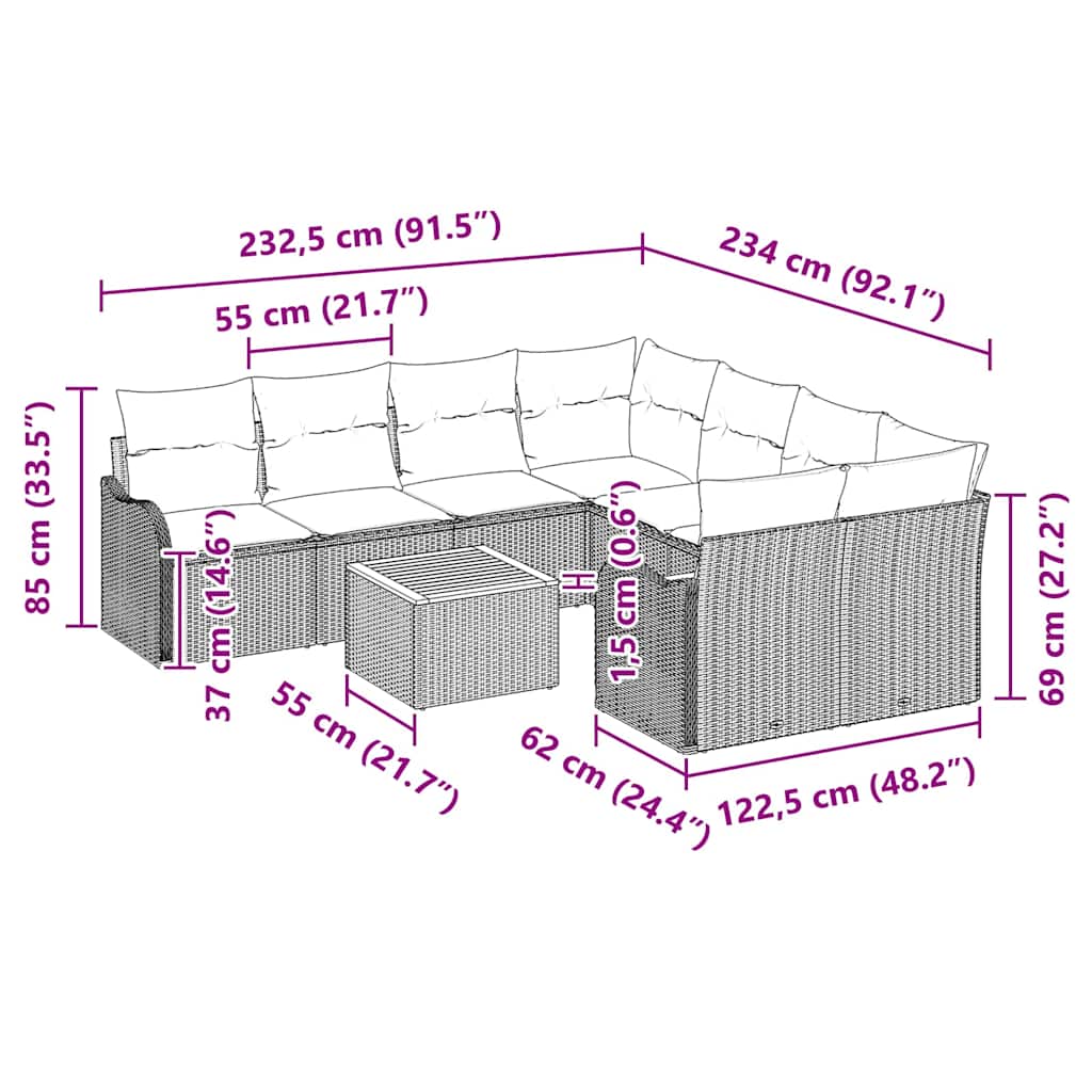 Sjedeća garnitura za vrt 9 kom. Crna poliratan 232.5 x 234 x 69 cm