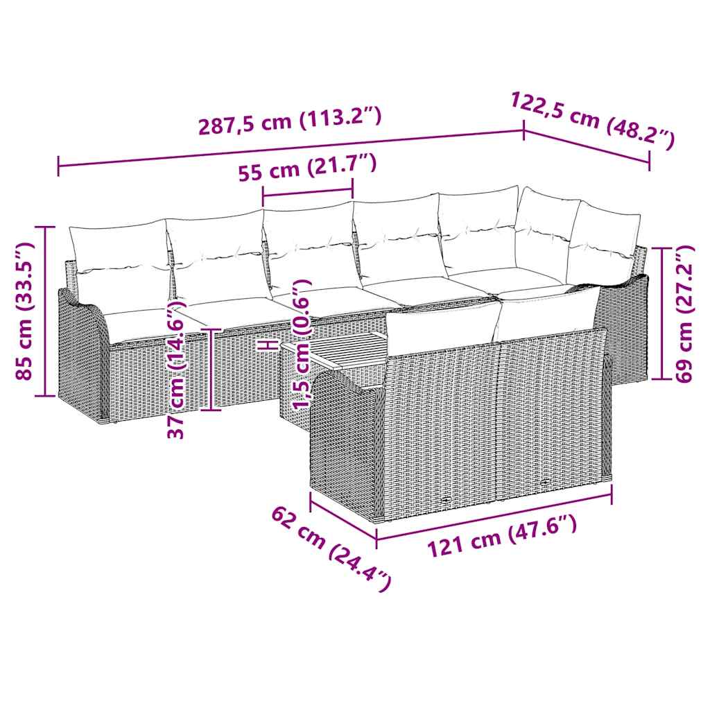 Sjedeća garnitura za vrt 9 kom. Crna poliratan 287,5 x 122,5 x 69 cm