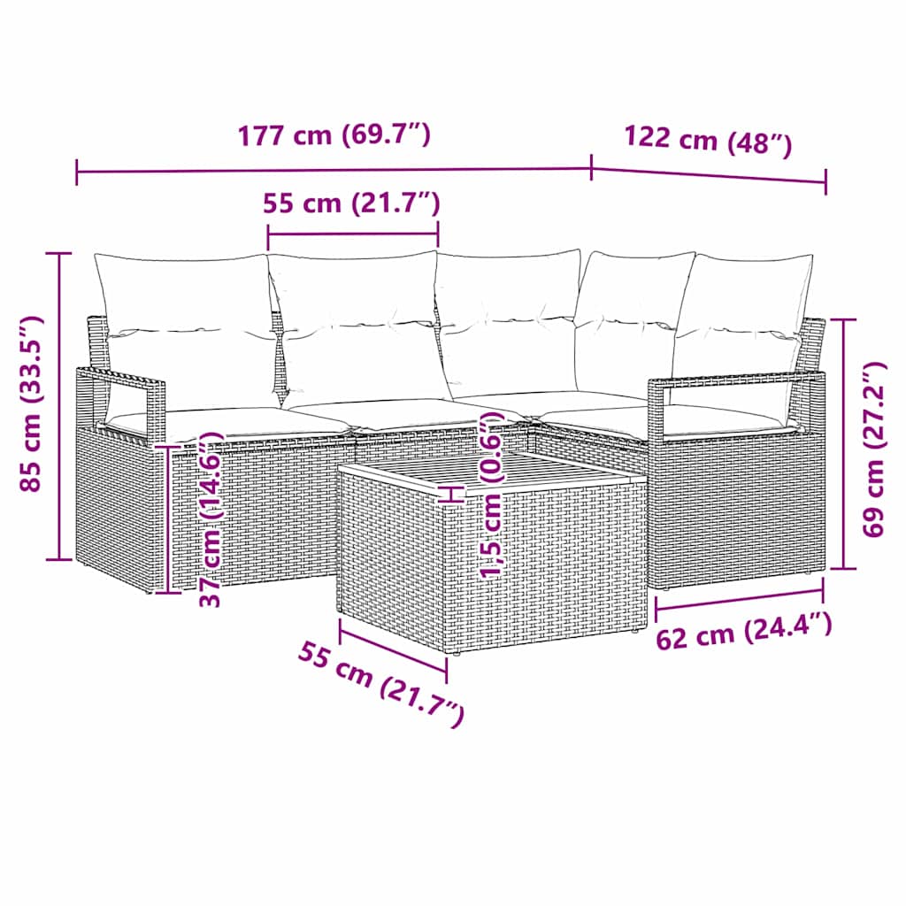 Sjedeća garnitura za vrt 5 kom. Crna poliratan 177 x 122 x 69 cm