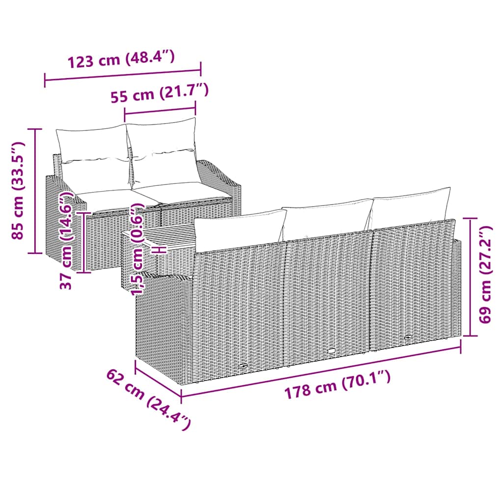 Sjedeća garnitura za vrt 6 kom. Bež i svijetlo siva poliratan 123 x 62 x 69 cm