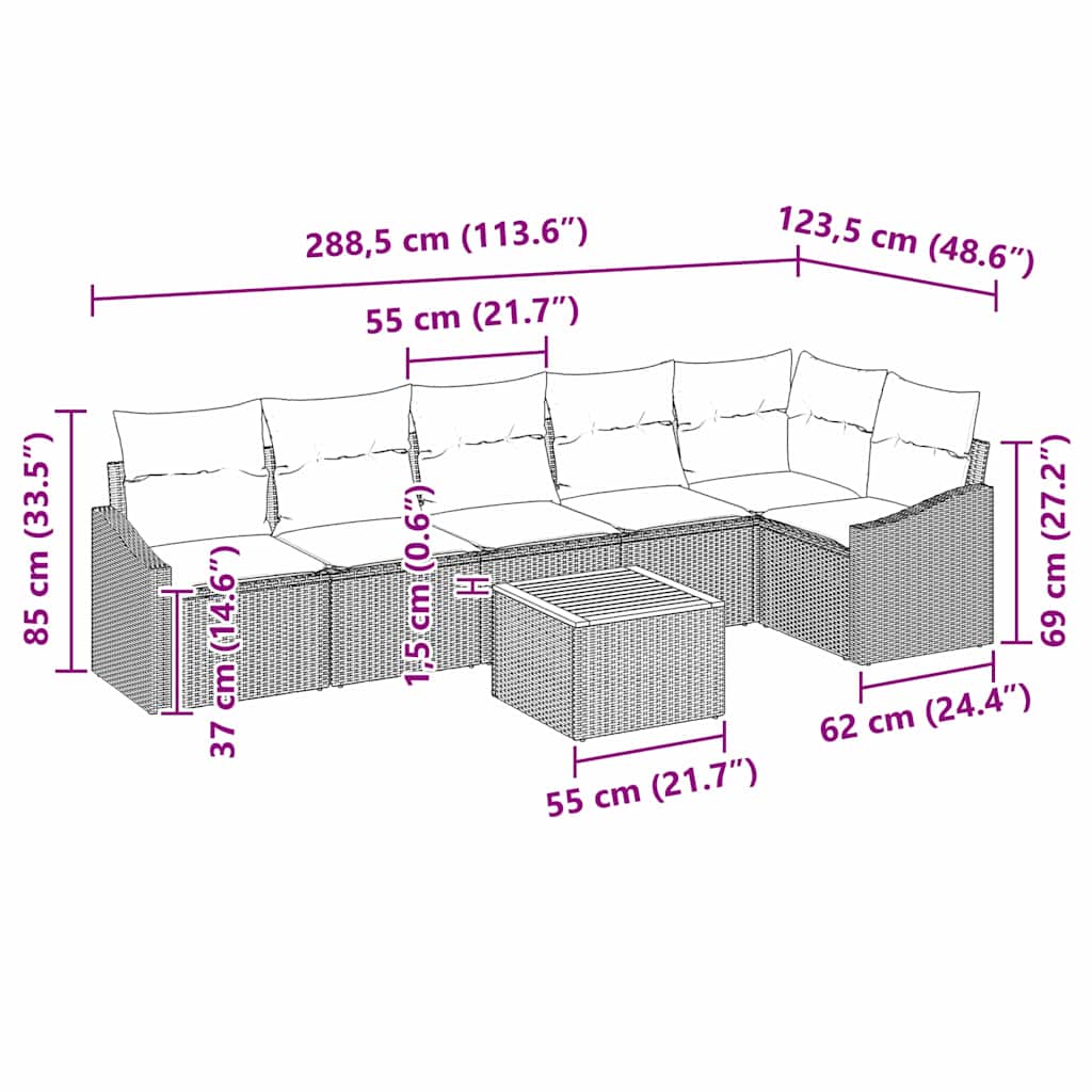 Sjedeća garnitura za vrt 7 kom. Crna poliratan 288,5 x 123,5 x 69 cm