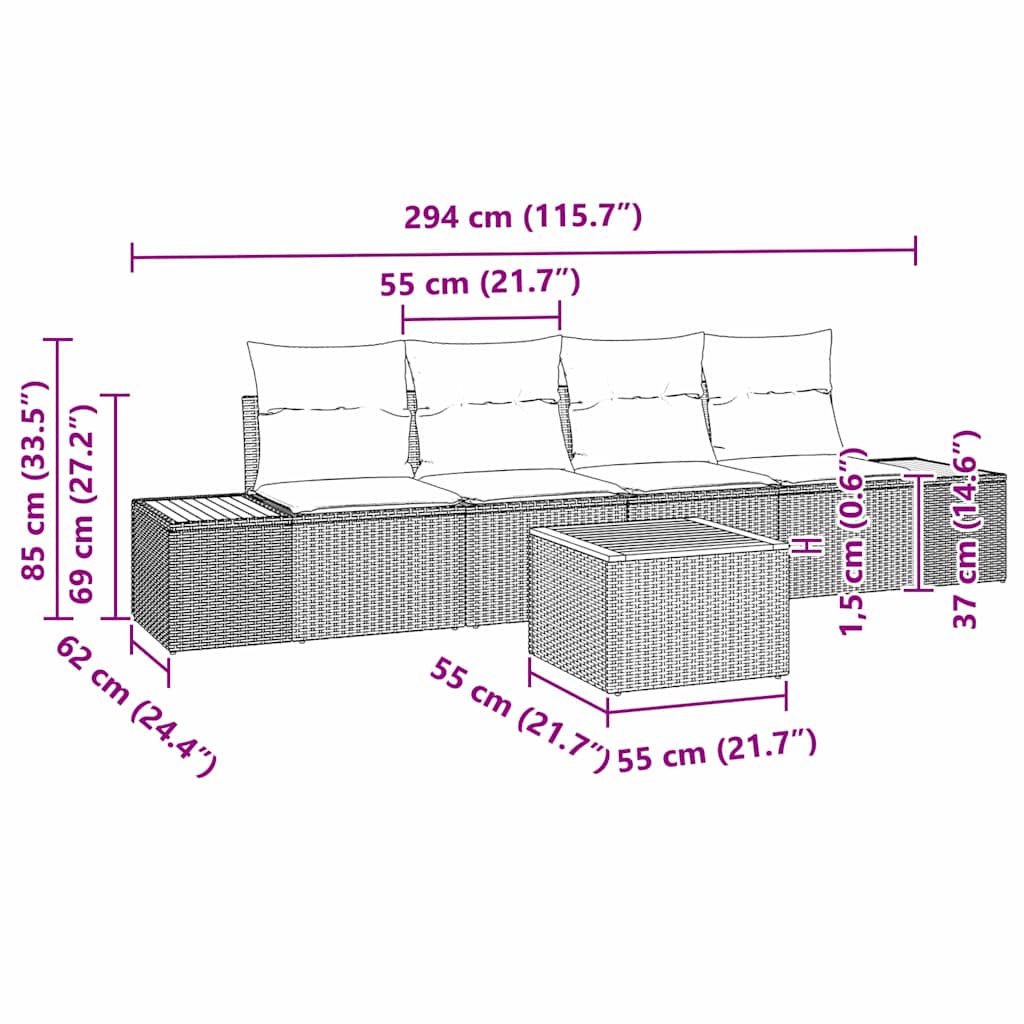 Sjedeća garnitura za vrt s jastukom 5 pcs Siva Poli ratan