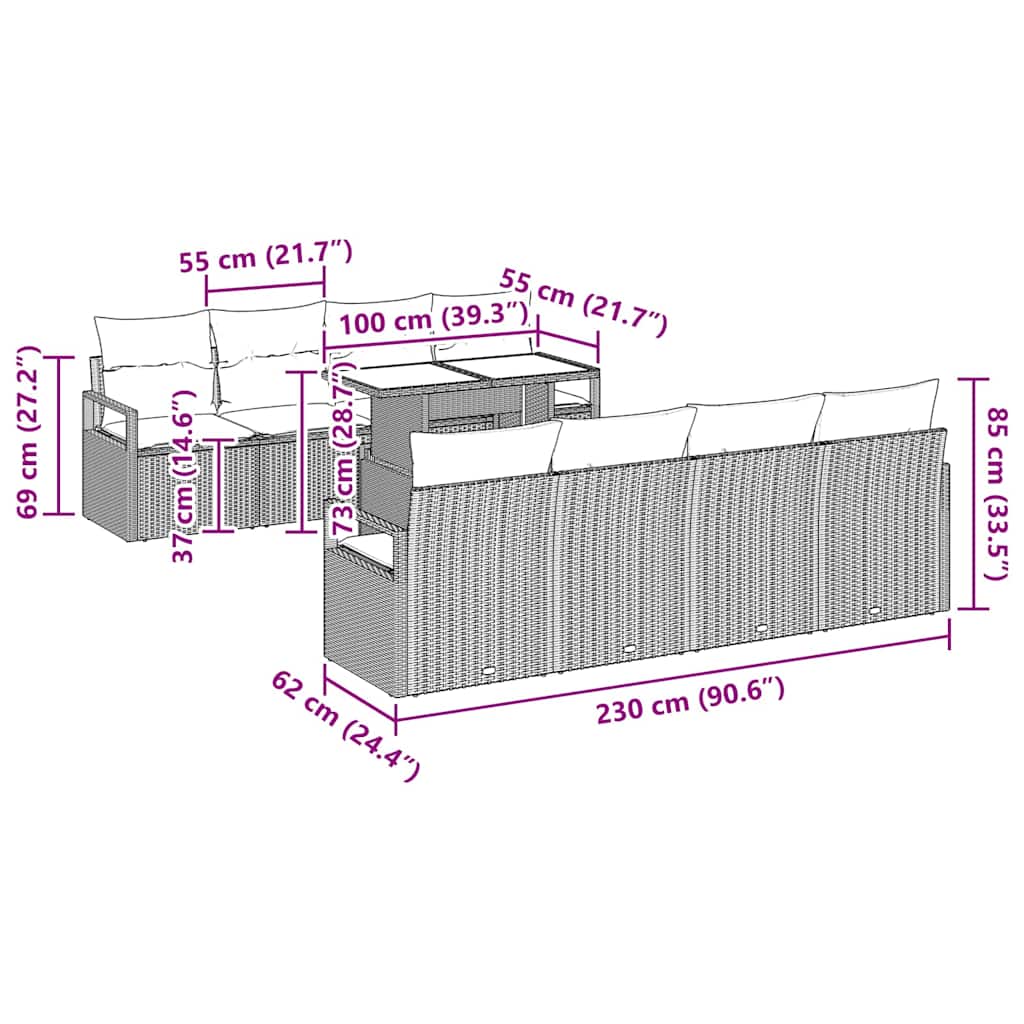 Sjedeća garnitura za vrt s pohranom 9 pcs Bež Poli ratan
