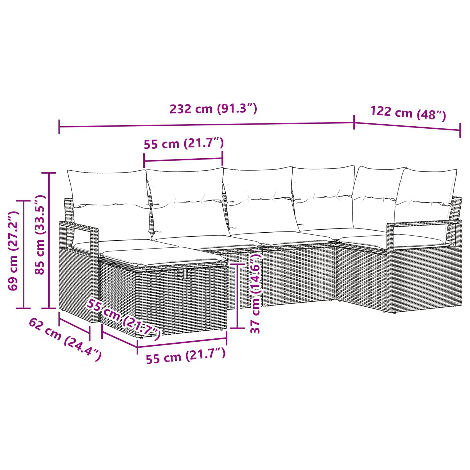 Set sofe s jastukom s pohranom 6 pcs Crna i Tirkizna poliratan
