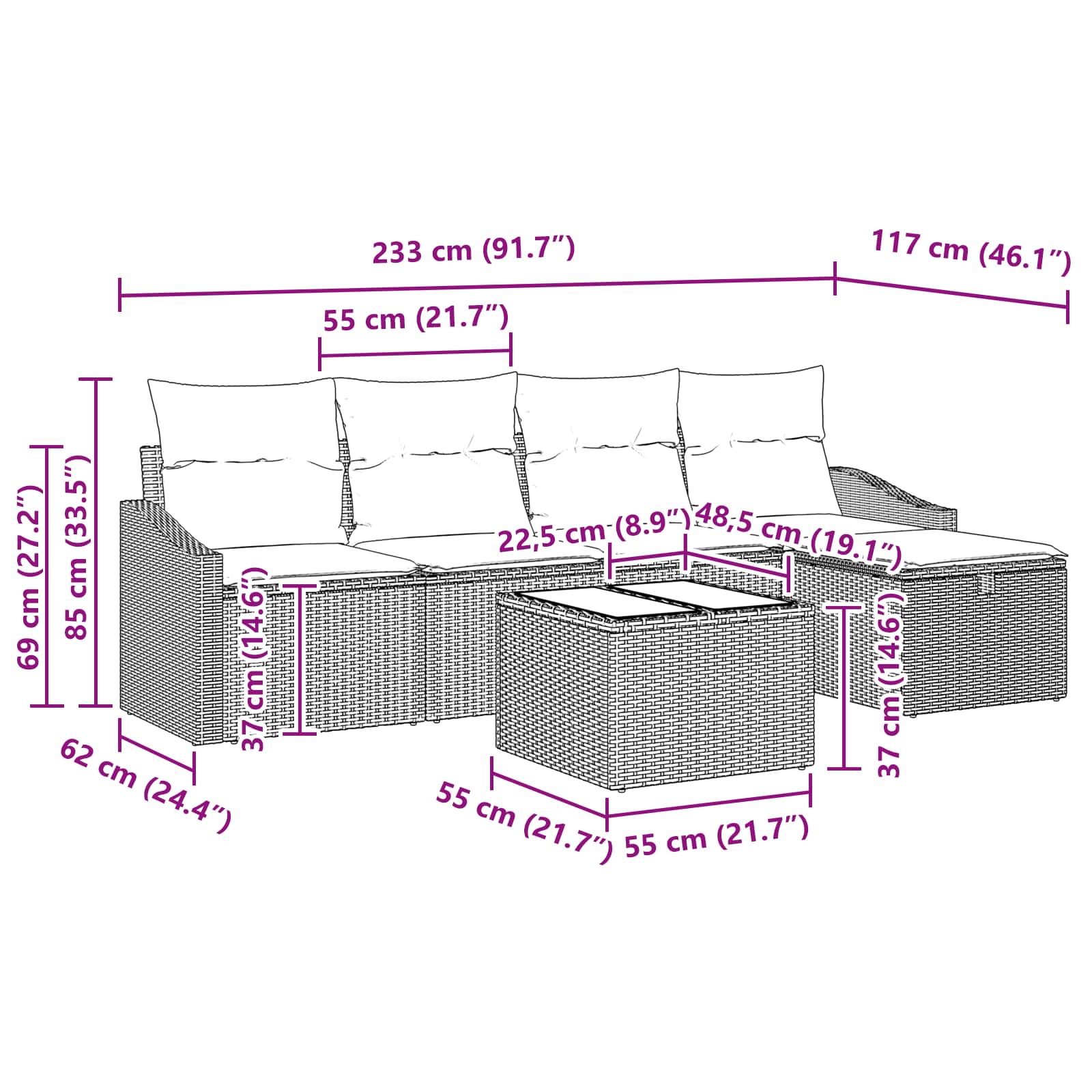 Set sofe s jastukom s pohranom 6 pcs Crna poliratan