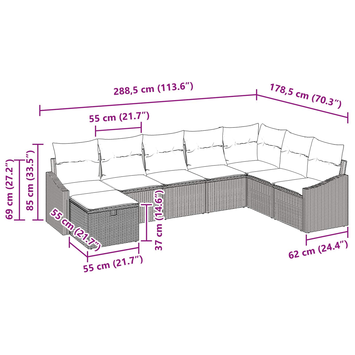 Sjedeća garnitura za vrt 8 kom. poliratan Crna 288,5 x 178,5 x 85 cm