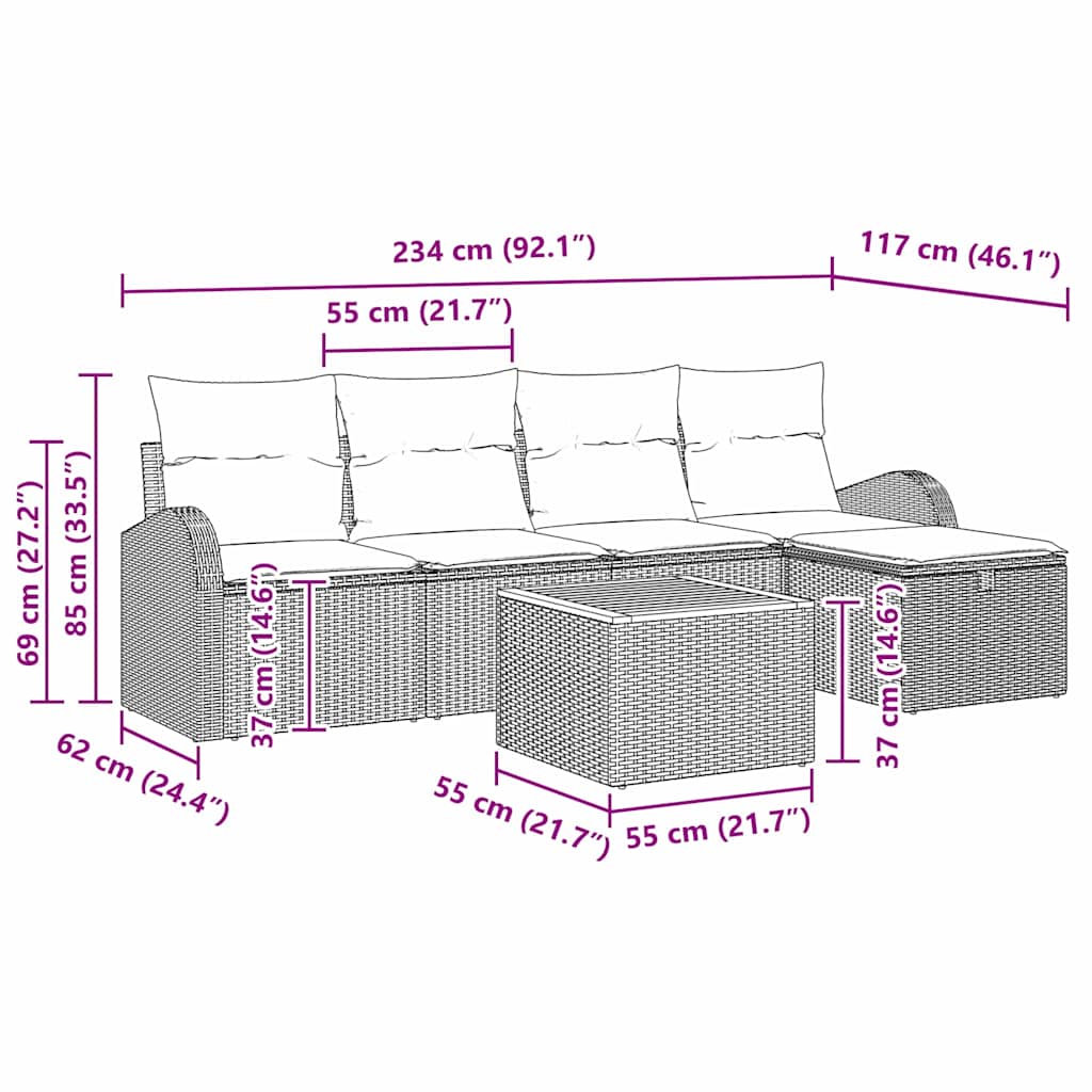 Sjedeća garnitura za vrt 6 kom. Bež poliratan 234 x 117 x 85 cm