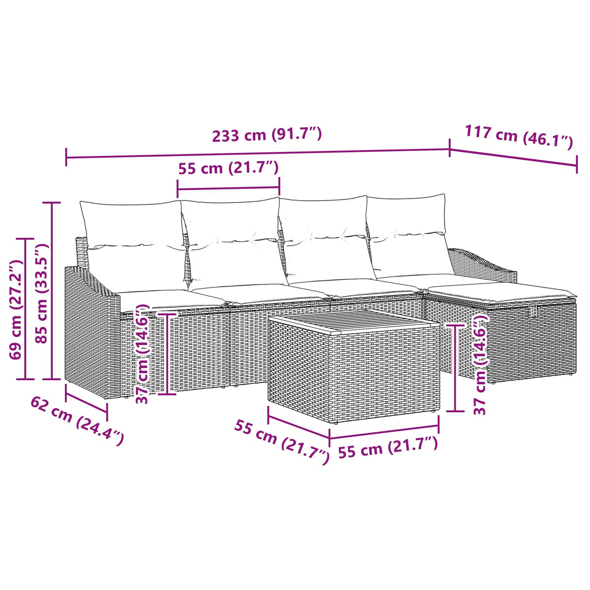 Sjedeća garnitura za vrt 6 kom. Crna poliratan 233 x 117 x 85 cm