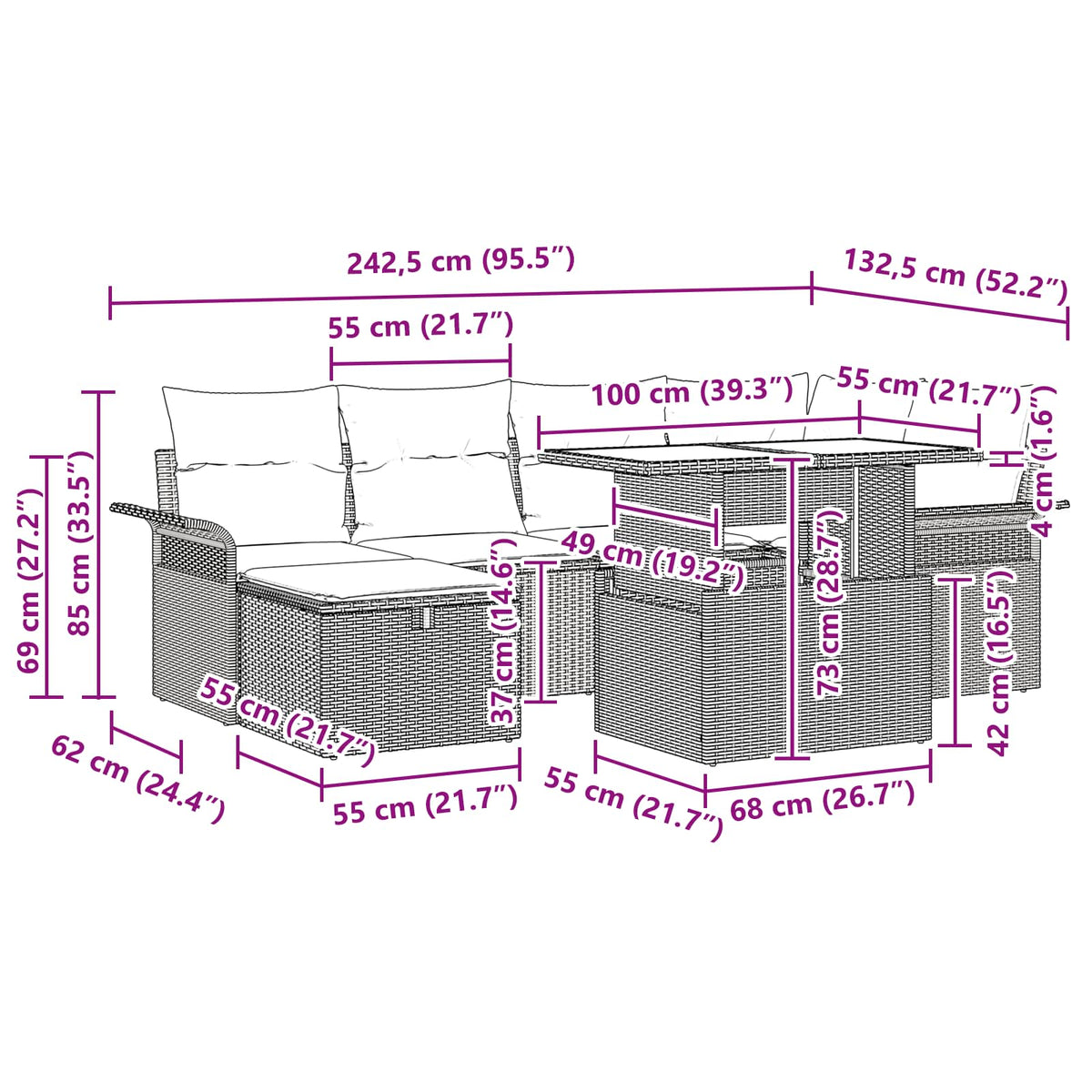 Sjedeća garnitura za vrt 7 kom. Siva poliratan 242,5 x 132,5 x 85 cm