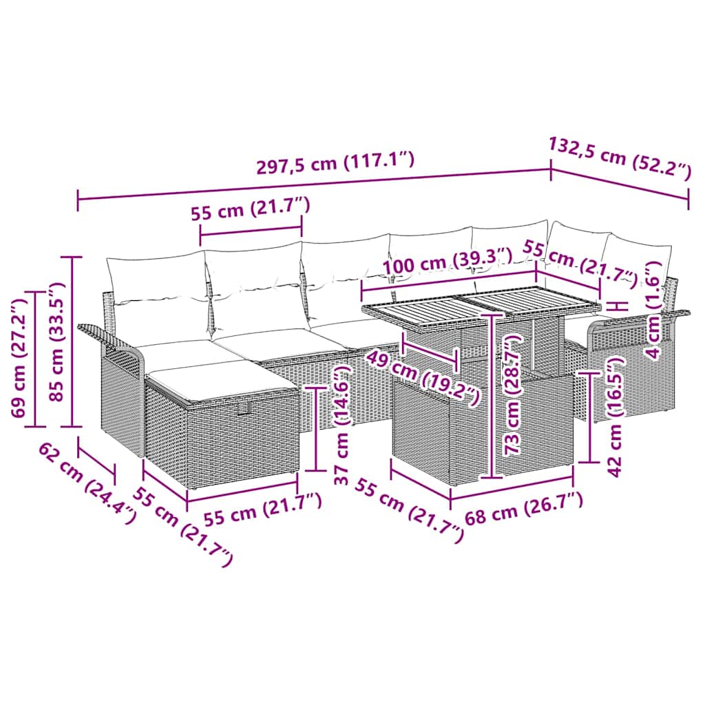 Sjedeća garnitura za vrt 8 kom. Crna poliratan 297.5 x 132.5 x 85 cm