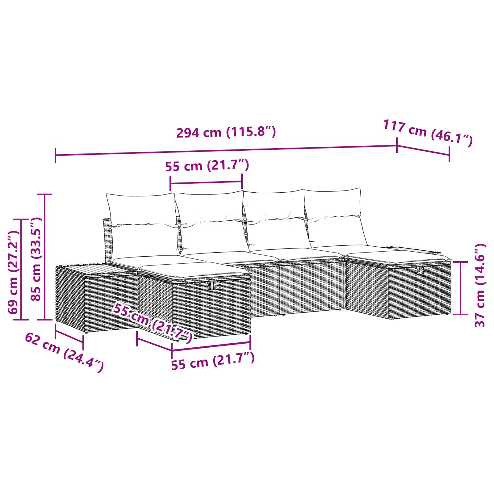 Sjedeća garnitura za vrt 6 pcs Crna 55 x 62 x 69 cm Poli ratan