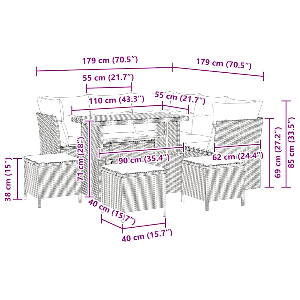 Sjedeća garnitura za vrt 9 pcs Bež poliratan