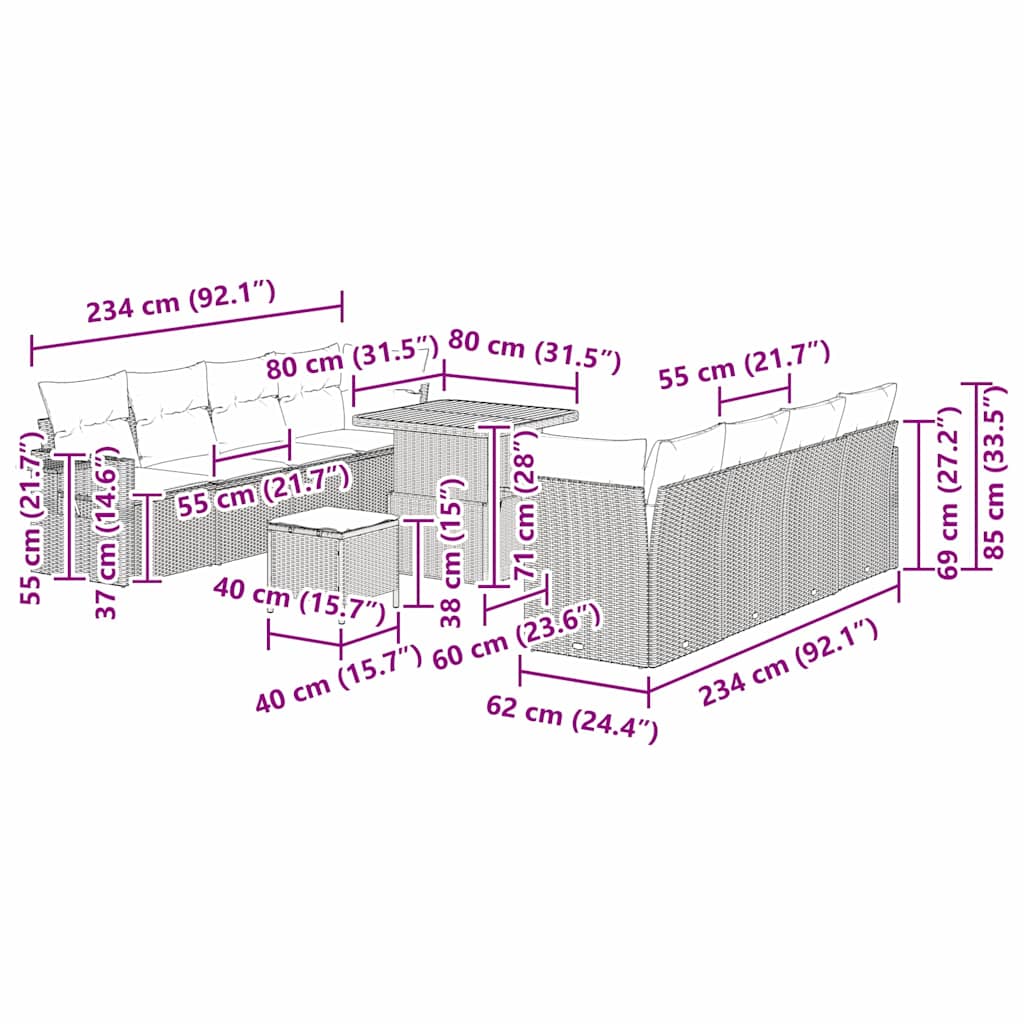 Sjedeća garnitura za vrt s pohranom 11 pcs Crna Poli ratan