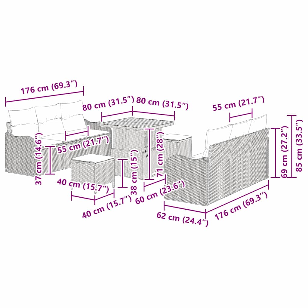 Sjedeća garnitura za vrt 9 kom. Crna poliratan 176 x 62 x 85 cm