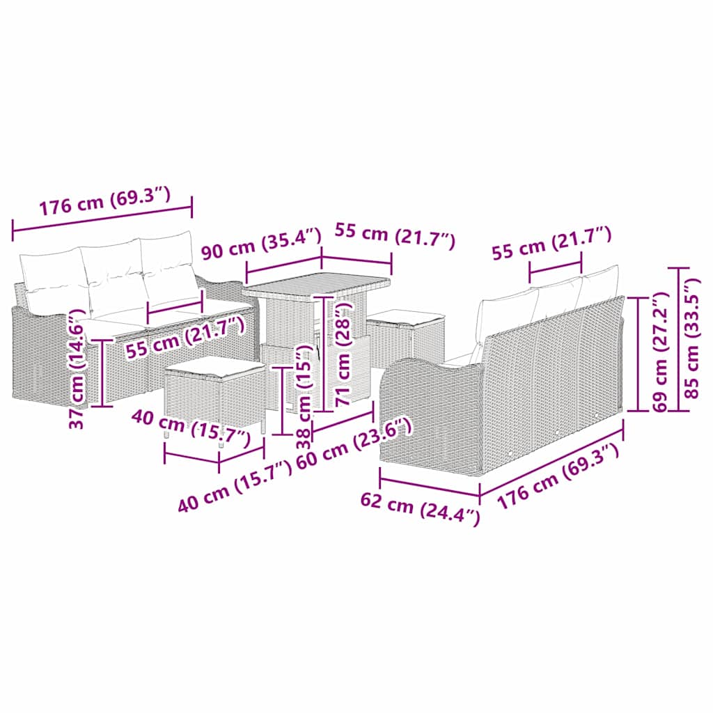 Sjedeća garnitura za vrt 9 kom. Crna poliratan 176 x 62 x 85 cm